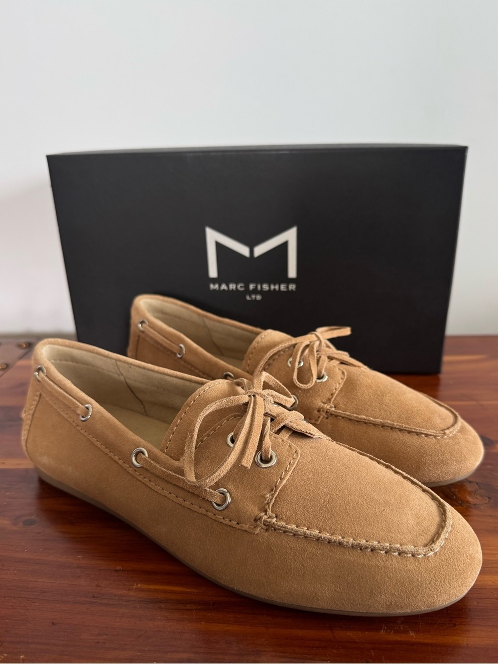 Marc Fisher LTD MLULEENA Suede Boat Shoes Womens 8.5M Tan Moc Toe Loafers New